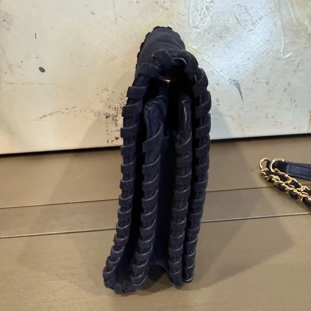 Tory Burch Marion Suede Crossbody Clutch Navy Blue Gold Chain Whipstitch Bag